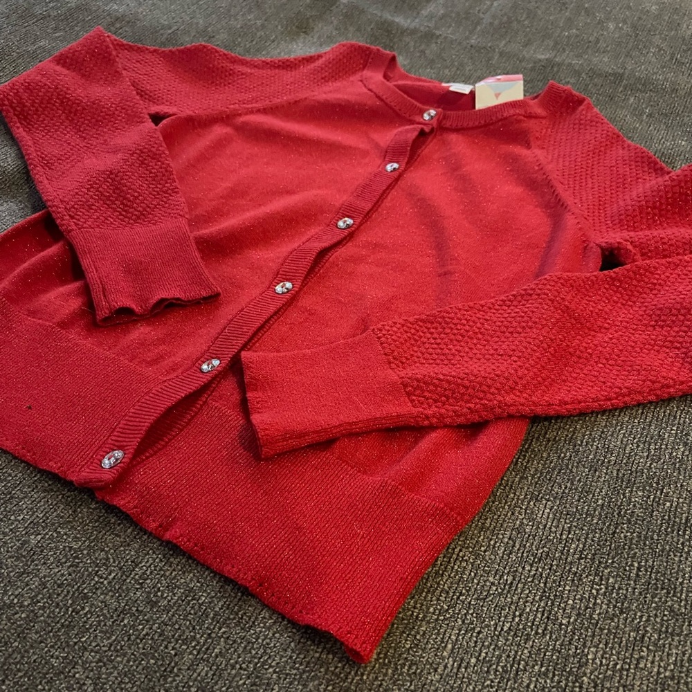 Girls Red Cardigan sweater size large 10/12 New with tags